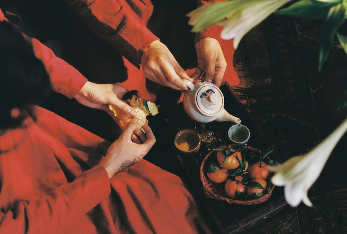 Authentic tea ceremony setup with complete teaware set